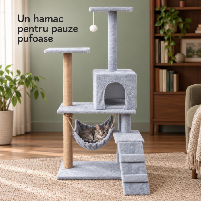 Ansamblu de zgariat pentru pisici VarioShop®, turn cu 4 niveluri, casuta, pat, 2 platforme de observatie, trepte, stalpi cu sisal si jucarie, gri [4]