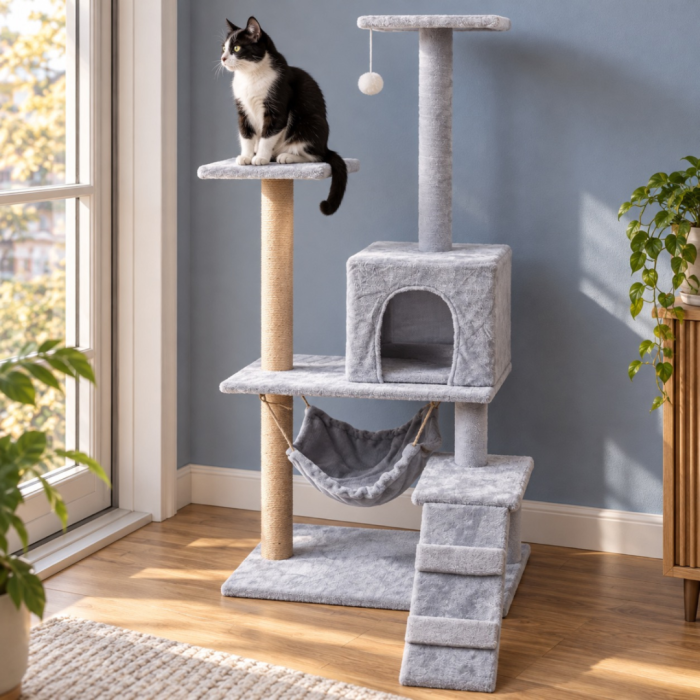 Ansamblu de zgariat pentru pisici VarioShop®, turn cu 4 niveluri, casuta, pat, 2 platforme de observatie, trepte, stalpi cu sisal si jucarie, gri [7]