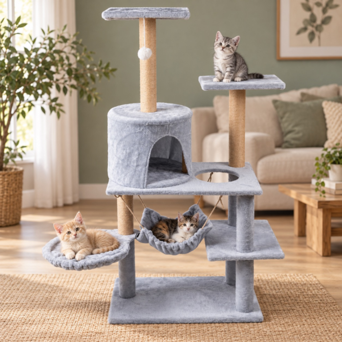 Ansamblu de zgariat pentru pisici VarioShop®, turn cu 5 niveluri, casuta, 2 paturi, 3 platforme de observatie, stalpi cu sisal, jucarie, gri [7]