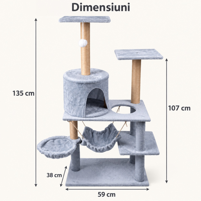Ansamblu de zgariat pentru pisici VarioShop®, turn cu 5 niveluri, casuta, 2 paturi, 3 platforme de observatie, stalpi cu sisal, jucarie, gri [3]
