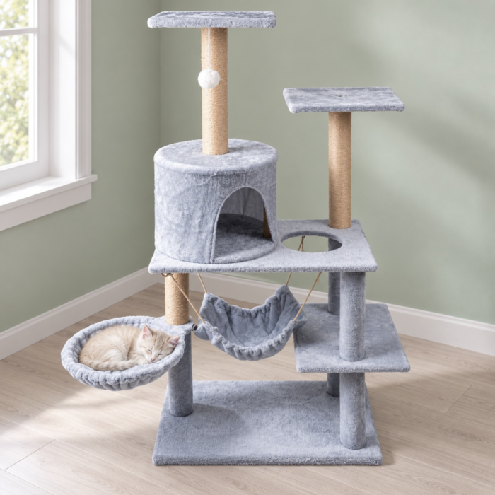 Ansamblu de zgariat pentru pisici VarioShop®, turn cu 5 niveluri, casuta, 2 paturi, 3 platforme de observatie, stalpi cu sisal, jucarie, gri [8]