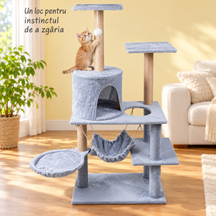 Ansamblu de zgariat pentru pisici VarioShop®, turn cu 5 niveluri, casuta, 2 paturi, 3 platforme de observatie, stalpi cu sisal, jucarie, gri [4]