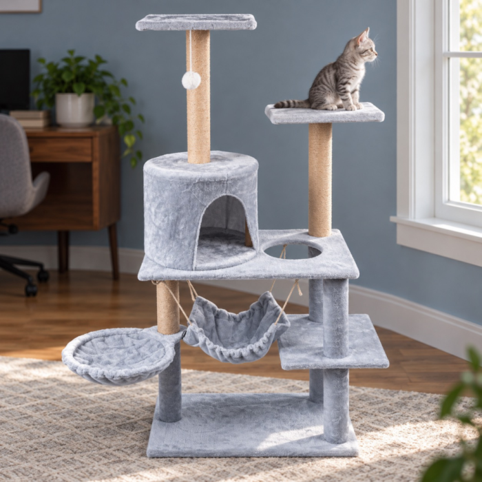 Ansamblu de zgariat pentru pisici VarioShop®, turn cu 5 niveluri, casuta, 2 paturi, 3 platforme de observatie, stalpi cu sisal, jucarie, gri [9]