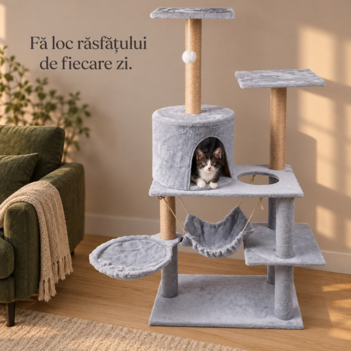 Ansamblu de zgariat pentru pisici VarioShop®, turn cu 5 niveluri, casuta, 2 paturi, 3 platforme de observatie, stalpi cu sisal, jucarie, gri [6]