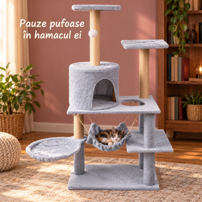 Ansamblu de zgariat pentru pisici VarioShop®, turn cu 5 niveluri, casuta, 2 paturi, 3 platforme de observatie, stalpi cu sisal, jucarie, gri [5]