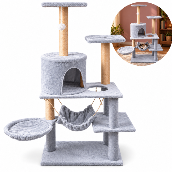 Ansamblu de zgariat pentru pisici VarioShop®, turn cu 5 niveluri, casuta, 2 paturi, 3 platforme de observatie, stalpi cu sisal, jucarie, gri [10]