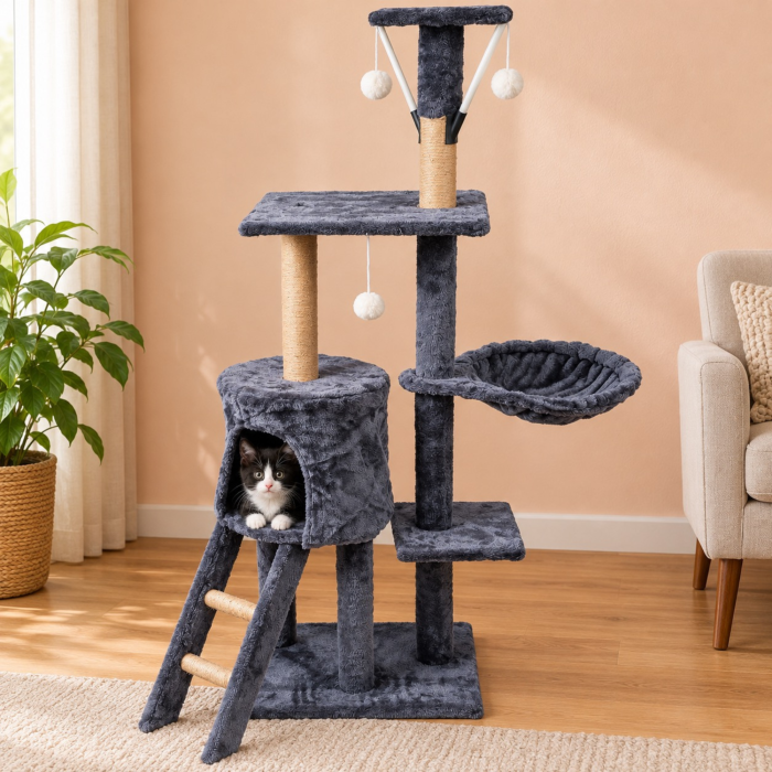 Ansamblu de zgariat pentru pisici VarioShop®, turn cu 5 niveluri, casuta, pat, 3 platforme de observatie, scara, stalpi cu sisal, 3 jucarii, gri [7]