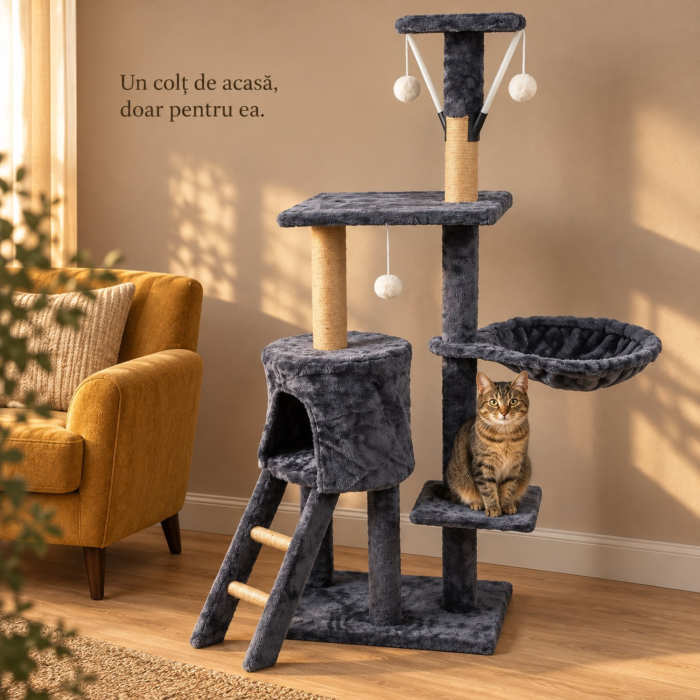 Ansamblu de zgariat pentru pisici VarioShop®, turn cu 5 niveluri, casuta, pat, 3 platforme de observatie, scara, stalpi cu sisal, 3 jucarii, gri [4]
