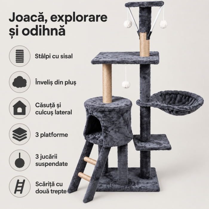 Ansamblu de zgariat pentru pisici VarioShop®, turn cu 5 niveluri, casuta, pat, 3 platforme de observatie, scara, stalpi cu sisal, 3 jucarii, gri [2]