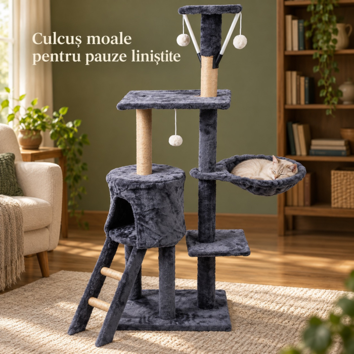 Ansamblu de zgariat pentru pisici VarioShop®, turn cu 5 niveluri, casuta, pat, 3 platforme de observatie, scara, stalpi cu sisal, 3 jucarii, gri [5]