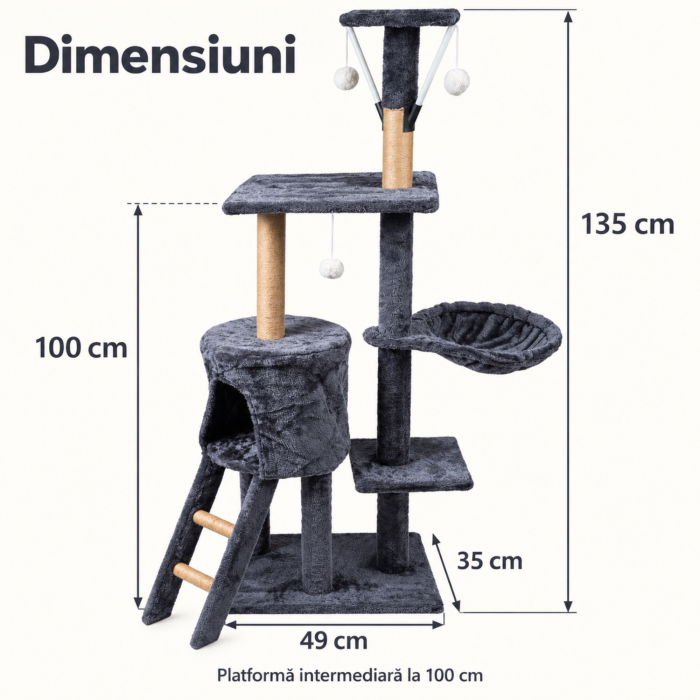 Ansamblu de zgariat pentru pisici VarioShop®, turn cu 5 niveluri, casuta, pat, 3 platforme de observatie, scara, stalpi cu sisal, 3 jucarii, gri [3]