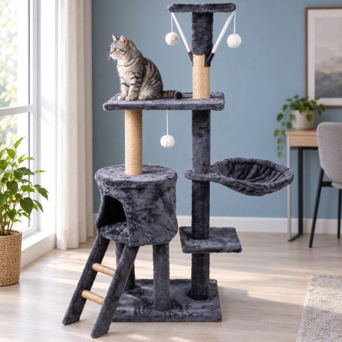 Ansamblu de zgariat pentru pisici VarioShop®, turn cu 5 niveluri, casuta, pat, 3 platforme de observatie, scara, stalpi cu sisal, 3 jucarii, gri [8]