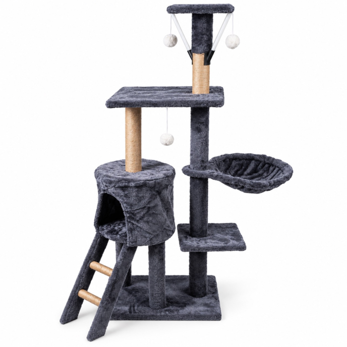 Ansamblu de zgariat pentru pisici VarioShop®, turn cu 5 niveluri, casuta, pat, 3 platforme de observatie, scara, stalpi cu sisal, 3 jucarii, gri [9]