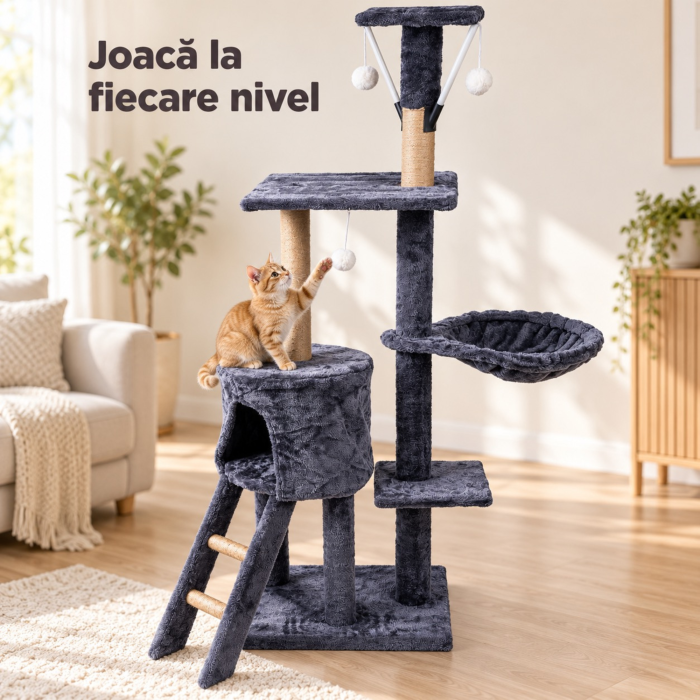 Ansamblu de zgariat pentru pisici VarioShop®, turn cu 5 niveluri, casuta, pat, 3 platforme de observatie, scara, stalpi cu sisal, 3 jucarii, gri [6]