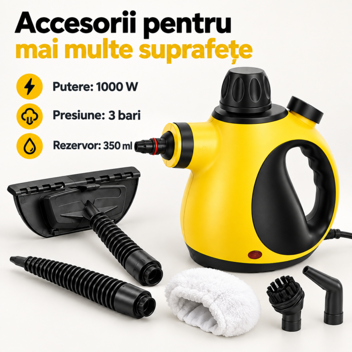 Aparat de curatat cu abur VarioShop®, pentru geamuri, rosturi si tapiterie, portabil, accesorii, presiune 3 bari, 1000 W, rezervor 350 ml, galben-negru [2]