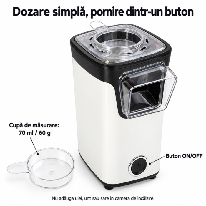 Aparat de facut popcorn cu aer cald VarioShop®, 1100 W, fara ulei, capacitate 60 g boabe per ciclu, cupa de masurare 70 ml, capac, buton ON/OFF, compact, 13.5 x 16 x 26 cm, alb [4]