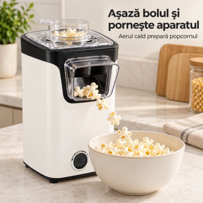 Aparat de facut popcorn cu aer cald VarioShop®, 1100 W, fara ulei, capacitate 60 g boabe per ciclu, cupa de masurare 70 ml, capac, buton ON/OFF, compact, 13.5 x 16 x 26 cm, alb [5]