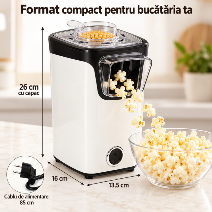 Aparat de facut popcorn cu aer cald VarioShop®, 1100 W, fara ulei, capacitate 60 g boabe per ciclu, cupa de masurare 70 ml, capac, buton ON/OFF, compact, 13.5 x 16 x 26 cm, alb [3]