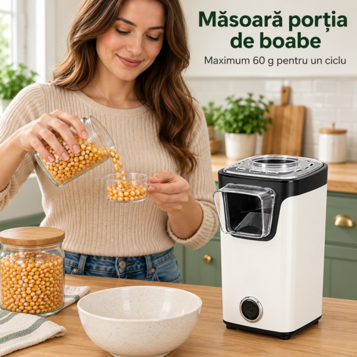 Aparat de facut popcorn cu aer cald VarioShop®, 1100 W, fara ulei, capacitate 60 g boabe per ciclu, cupa de masurare 70 ml, capac, buton ON/OFF, compact, 13.5 x 16 x 26 cm, alb [6]
