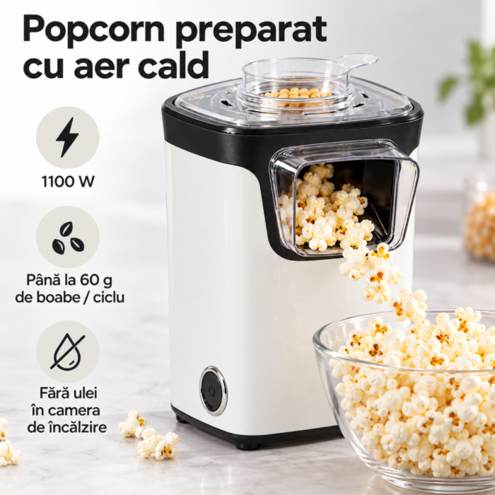 Aparat de facut popcorn cu aer cald VarioShop®, 1100 W, fara ulei, capacitate 60 g boabe per ciclu, cupa de masurare 70 ml, capac, buton ON/OFF, compact, 13.5 x 16 x 26 cm, alb [2]