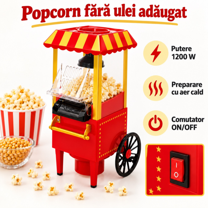 Aparat de facut popcorn VarioShop®, 1200W, preparare rapida fara ulei, pentru floricele crocante, cu aer cald, cupa dozatoare inclusa, 38 x 14,5 x 20 cm [3]