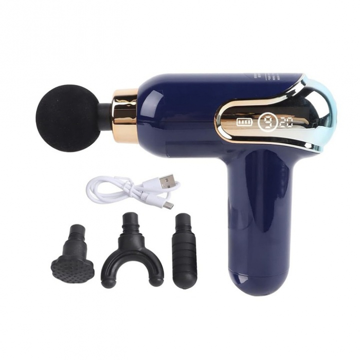 Aparat de Masaj Profesional VarioShop®, tip pistol cu 9 viteze, 4 capete interschimbabile, pentru cap/coloana/umeri/picioare, reincarcabil, putere 30W, 4200 rpm, Baterie Lithium 1500 mAh, Afisaj LED, [16]