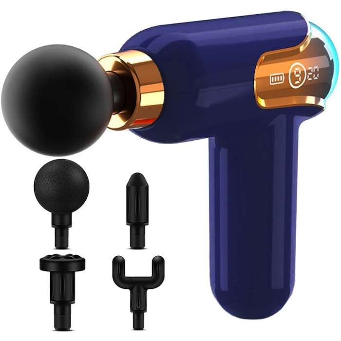 Aparat de Masaj Profesional VarioShop®, tip pistol cu 9 viteze, 4 capete interschimbabile, pentru cap/coloana/umeri/picioare, reincarcabil, putere 30W, 4200 rpm, Baterie Lithium 1500 mAh, Afisaj LED, [1]