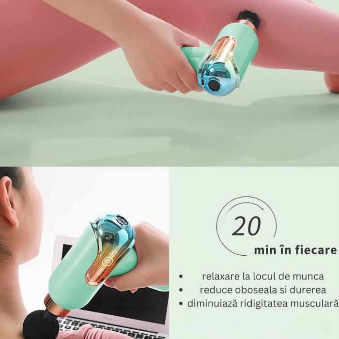 Aparat de Masaj Profesional VarioShop®, tip pistol cu 9 viteze, 4 capete interschimbabile, pentru cap/coloana/umeri/picioare, reincarcabil, putere 30W, 4200 rpm, Baterie Lithium 1500 mAh, Afisaj LED, [9]