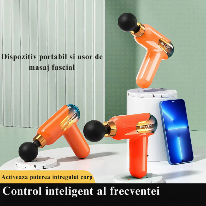 Aparat de Masaj Profesional VarioShop®, tip pistol cu 9 viteze, 4 capete interschimbabile, pentru cap/coloana/umeri/picioare, reincarcabil, putere 30W, 4200 rpm, Baterie Lithium 1500 mAh, Afisaj LED, [12]