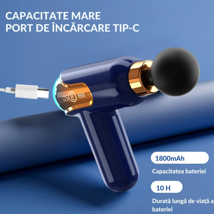 Aparat de Masaj Profesional VarioShop®, tip pistol cu 9 viteze, 4 capete interschimbabile, pentru cap/coloana/umeri/picioare, reincarcabil, putere 30W, 4200 rpm, Baterie Lithium 1500 mAh, Afisaj LED, [2]