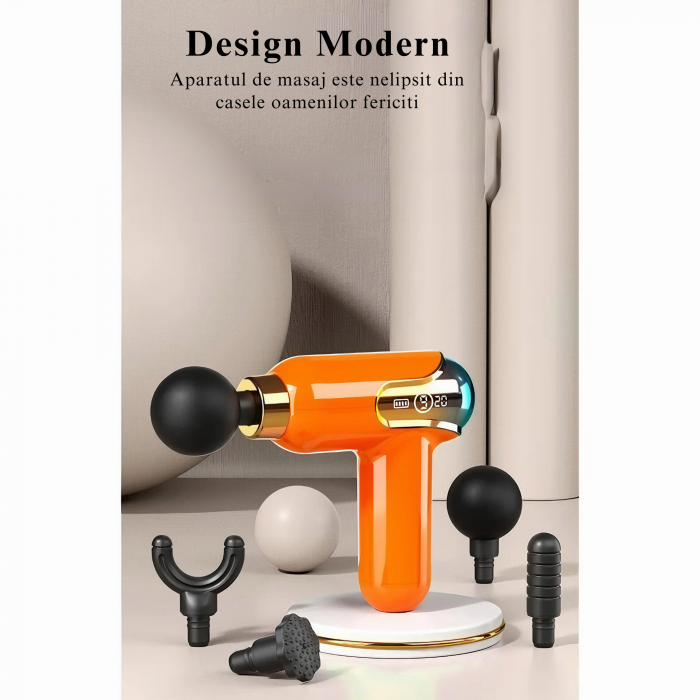 Aparat de Masaj Profesional VarioShop®, tip pistol cu 9 viteze, 4 capete interschimbabile, pentru cap/coloana/umeri/picioare, reincarcabil, putere 30W, 4200 rpm, Baterie Lithium 1500 mAh, Afisaj LED, [10]