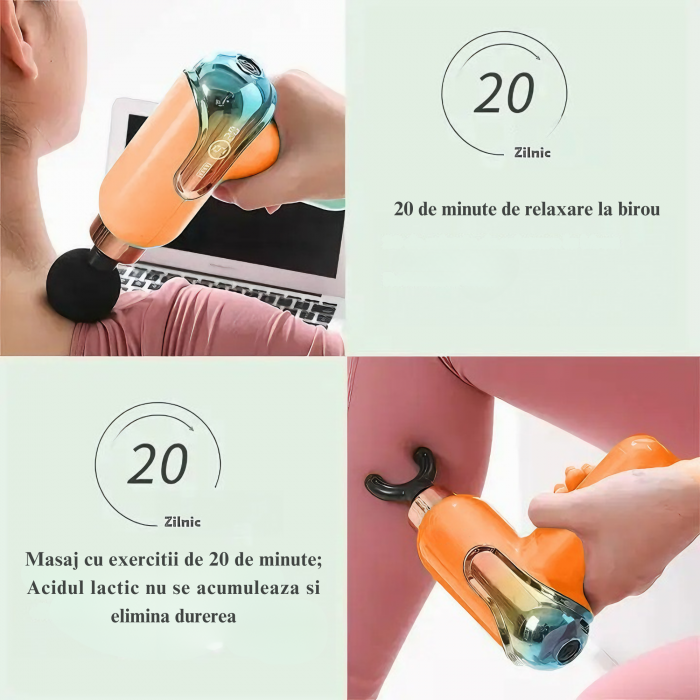Aparat de Masaj Profesional VarioShop®, tip pistol cu 9 viteze, 4 capete interschimbabile, pentru cap/coloana/umeri/picioare, reincarcabil, putere 30W, 4200 rpm, Baterie Lithium 1500 mAh, Afisaj LED, [6]