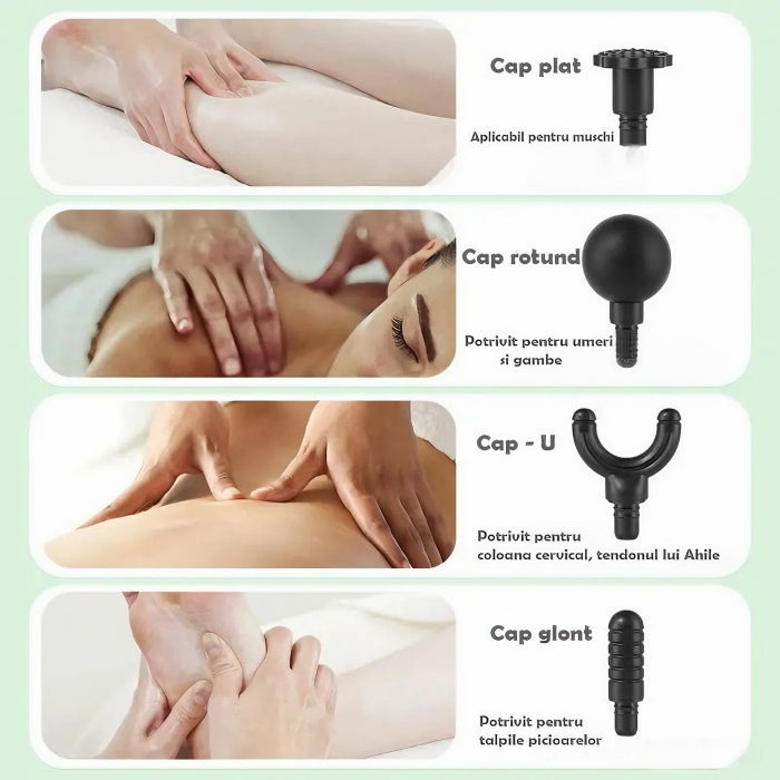 Aparat de Masaj Profesional VarioShop®, tip pistol cu 9 viteze, 4 capete interschimbabile, pentru cap/coloana/umeri/picioare, reincarcabil, putere 30W, 4200 rpm, Baterie Lithium 1500 mAh, Afisaj LED, [2]