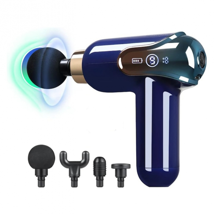 Aparat de Masaj Profesional VarioShop®, tip pistol cu 9 viteze, 4 capete interschimbabile, pentru cap/coloana/umeri/picioare, reincarcabil, putere 30W, 4200 rpm, Baterie Lithium 1500 mAh, Afisaj LED, [14]