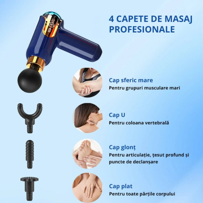 Aparat de Masaj Profesional VarioShop®, tip pistol cu 9 viteze, 4 capete interschimbabile, pentru cap/coloana/umeri/picioare, reincarcabil, putere 30W, 4200 rpm, Baterie Lithium 1500 mAh, Afisaj LED, [7]