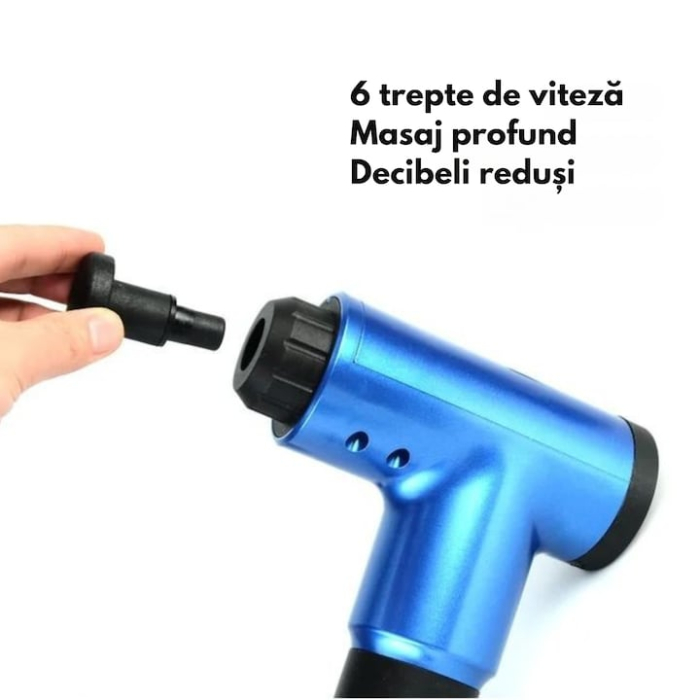 Aparat de masaj profesional VarioShop®, tip pistol, pentru corp, spate si picioare, 7 capete interschimbabile, baterie de mare capacitate, ajustare intensitate, ideal pentru relaxare musculara, Albast [3]