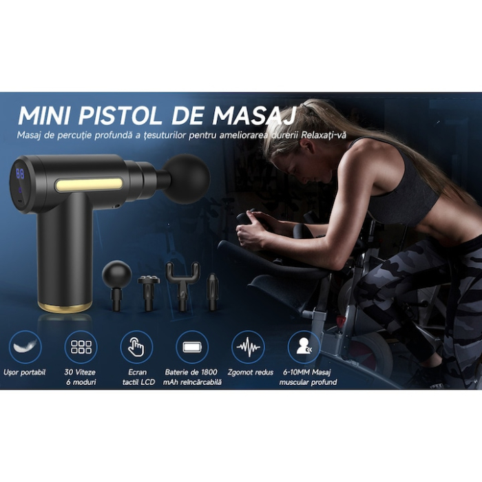 Aparat de masaj tip pistol VarioShop®, 4 capete, 6 viteze, baterie 1800 mAh, pentru relaxare musculară, gri [3]