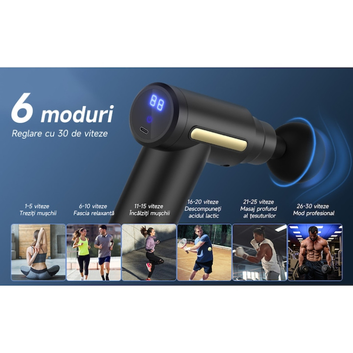 Aparat de masaj tip pistol VarioShop®, 4 capete, 6 viteze, baterie 1800 mAh, pentru relaxare musculară, gri [2]
