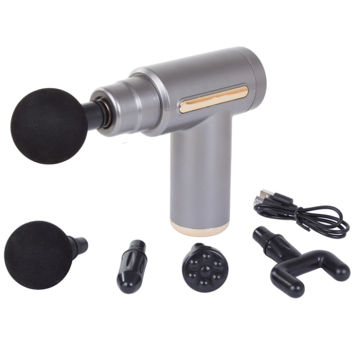 Aparat de masaj tip pistol VarioShop®, 4 capete, 6 viteze, baterie 1800 mAh, pentru relaxare musculară, gri [9]