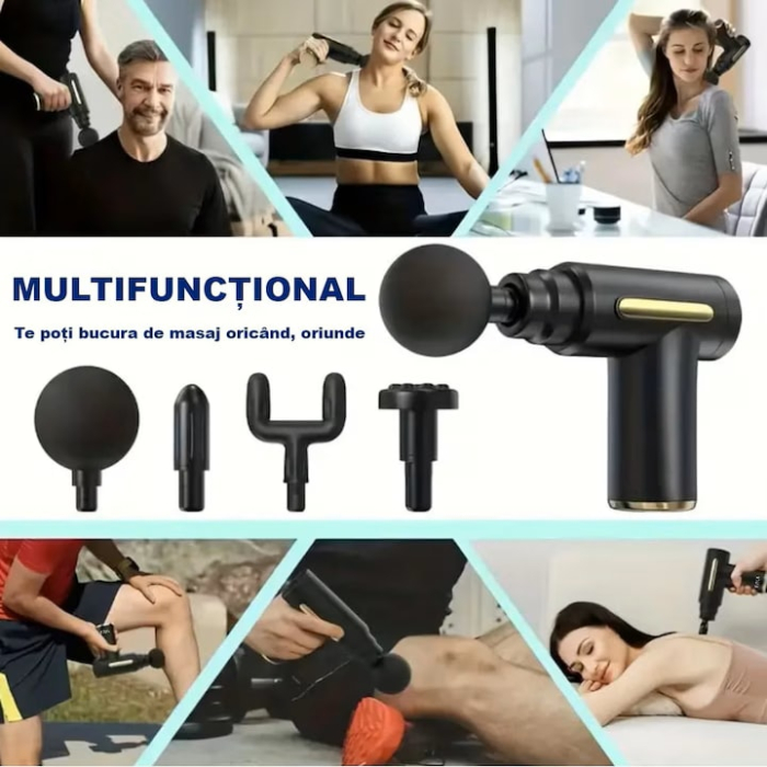 Aparat de masaj tip pistol VarioShop®, 4 capete, 6 viteze, baterie 1800 mAh, pentru relaxare musculară, gri [4]