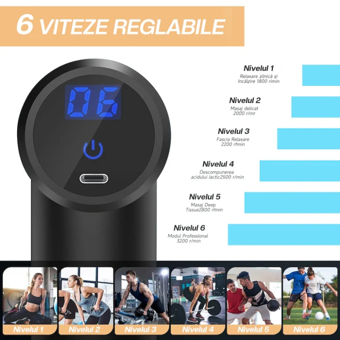 Aparat de masaj tip pistol VarioShop®, 4 capete, 6 viteze, baterie 1800 mAh, pentru relaxare musculară, gri [5]