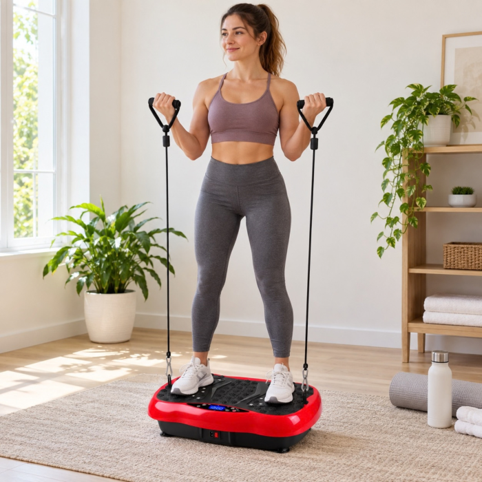 Aparat de vibromasaj VarioShop®, platforma cu vibratii pentru fitness si masaj picioare, 120 niveluri de intensitate, telecomanda, benzi de rezistenta, 200W, 48 x 32 x 12 cm, rosu [5]