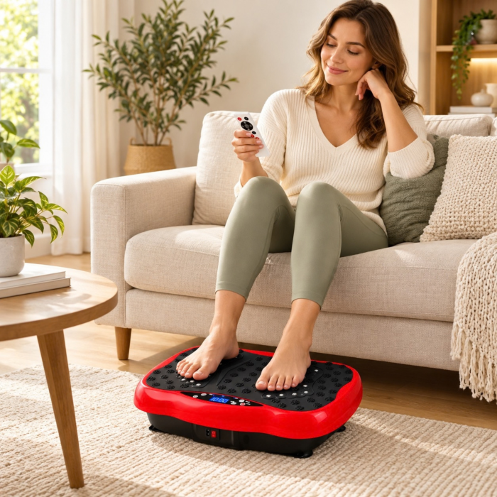 Aparat de vibromasaj VarioShop®, platforma cu vibratii pentru fitness si masaj picioare, 120 niveluri de intensitate, telecomanda, benzi de rezistenta, 200W, 48 x 32 x 12 cm, rosu [7]