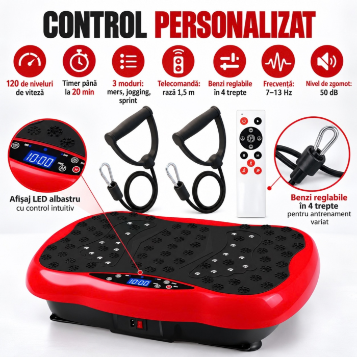 Aparat de vibromasaj VarioShop®, platforma cu vibratii pentru fitness si masaj picioare, 120 niveluri de intensitate, telecomanda, benzi de rezistenta, 200W, 48 x 32 x 12 cm, rosu [6]