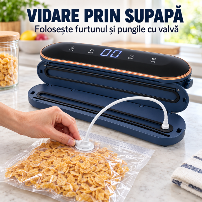 Aparat de vidat alimente VarioShop, pentru pungi si recipiente cu valva, 4 functii, 10 pungi incluse, furtun, vacuum pana la -60 kPa, 90 W, sigilare 30 cm [6]