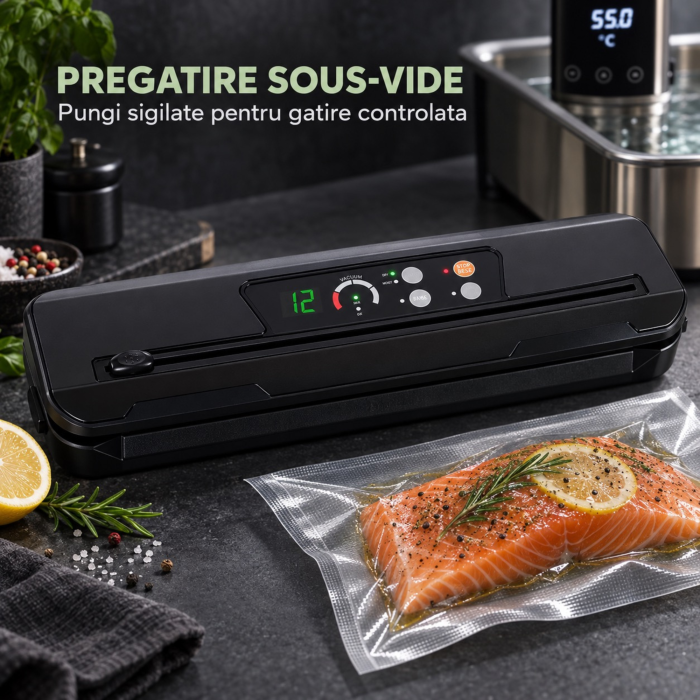 Aparat de vidat si sigilat VarioShop®, pentru alimente uscate si umede, 110W, presiune 80 kPa, taietor folie, 10 pungi incluse, latime sac 30 cm, negru [10]