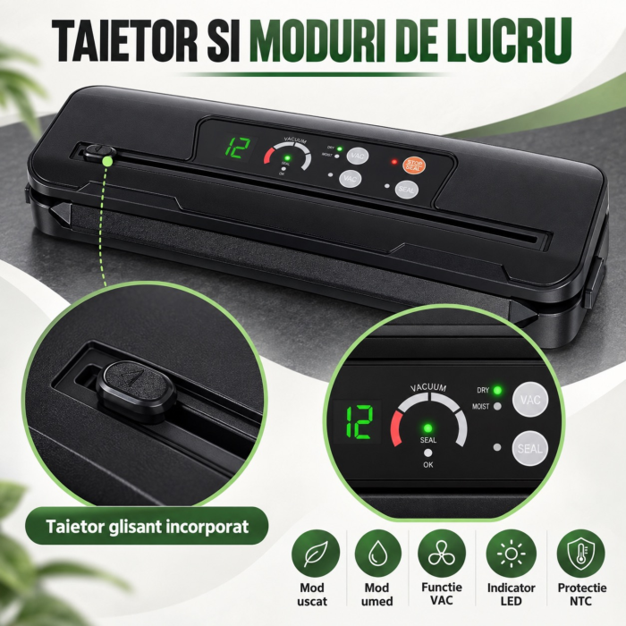 Aparat de vidat si sigilat VarioShop®, pentru alimente uscate si umede, 110W, presiune 80 kPa, taietor folie, 10 pungi incluse, latime sac 30 cm, negru [7]