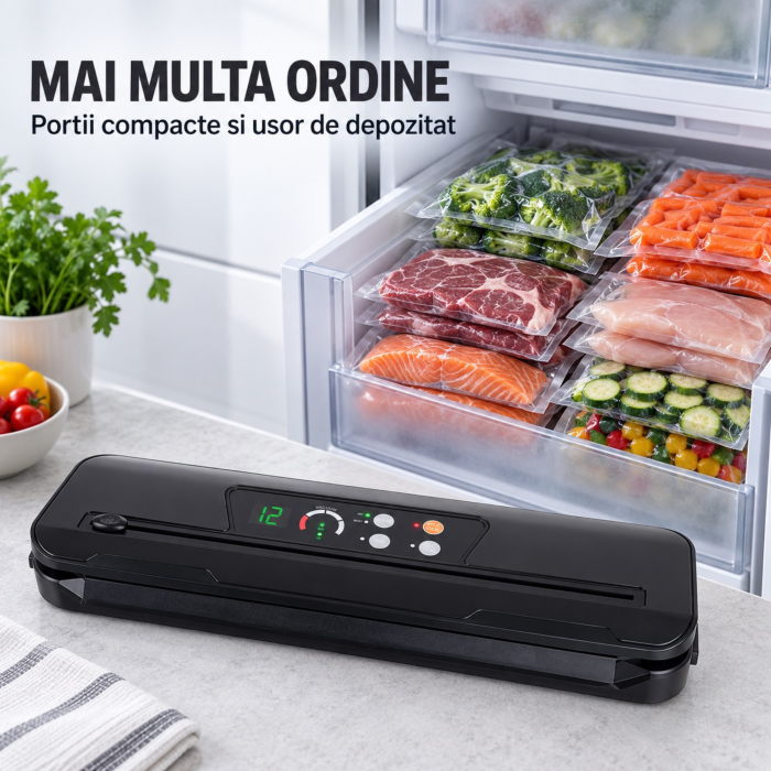 Aparat de vidat si sigilat VarioShop®, pentru alimente uscate si umede, 110W, presiune 80 kPa, taietor folie, 10 pungi incluse, latime sac 30 cm, negru [5]
