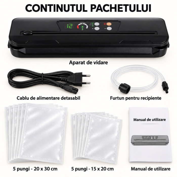 Aparat de vidat si sigilat VarioShop®, pentru alimente uscate si umede, 110W, presiune 80 kPa, taietor folie, 10 pungi incluse, latime sac 30 cm, negru [9]