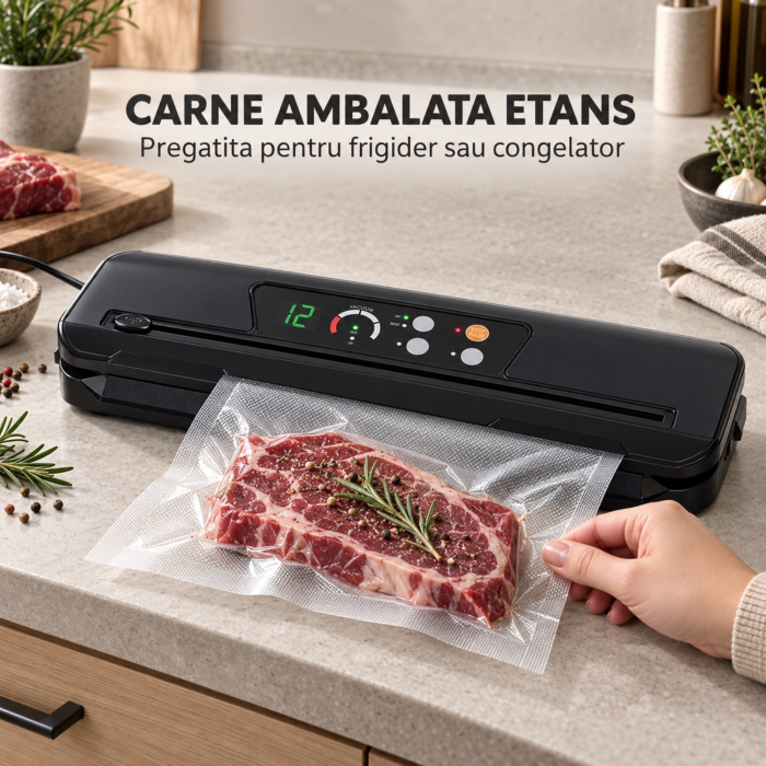 Aparat de vidat si sigilat VarioShop®, pentru alimente uscate si umede, 110W, presiune 80 kPa, taietor folie, 10 pungi incluse, latime sac 30 cm, negru [6]